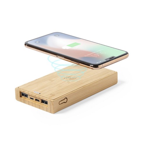 Bambusowy bezprzewodowy power bank 10000 mAh, ładowarka bezprzewodowa 5W, ładowarka słoneczna V8335-16