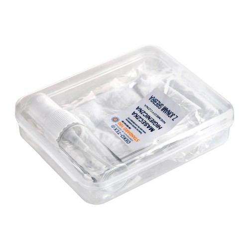 Zestaw w pudełku, pojemnik na płyn do dezynfekcji, maseczka wielokrotnego użytku z miejscem na filtr i jonami srebra V9798-02